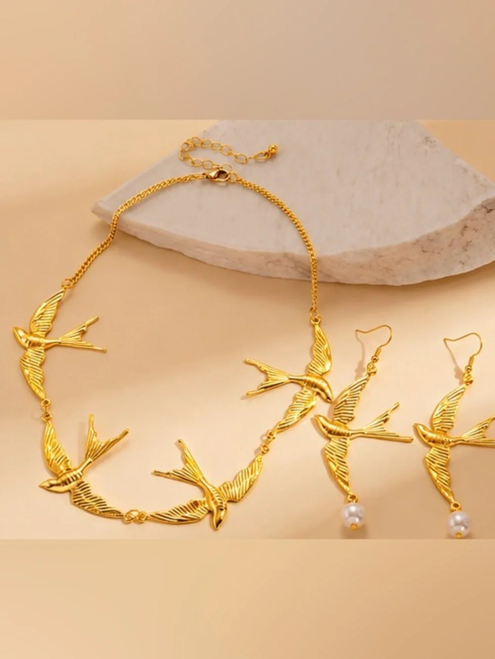 Gold Swallow Bird Necklace & Earrings Set | Pearl Drop Statement Jewelry - Picture 5 of 10